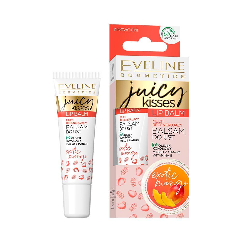 Eveline Cosmetics Juicy Kisses Exotic Mango Multi-Regenerating Lip Balm - Nourishing and Moisturizing Vegan Formula, 12 ML
