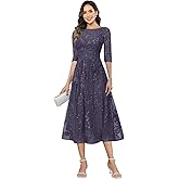 IOVMEIR Sequin Floral Mother of Bride Dresses Tea Length Tulle Lace 3/4 Sleeve Wedding Guest Dress A-Line Formal Gown