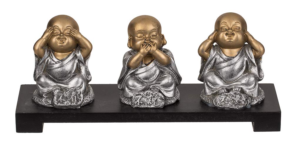 Out of the blue Polyresin figures on wooden bench, Buddha (see nothing evil, talk, hear) approx. 20 x 9 cm