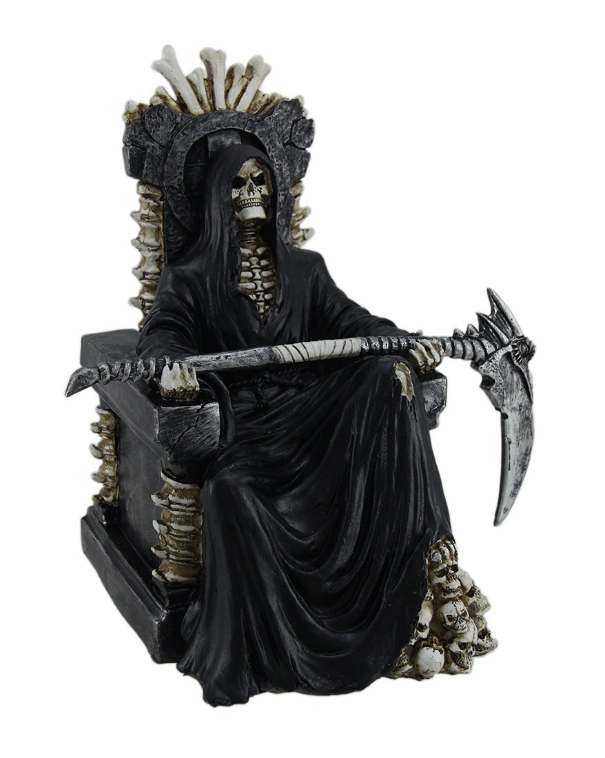DWK Grim Reaper On Bone Throne Holding Fake Statue 10 Inch - Gothic Death Horror Collectible - Skeleton Figure Decor - Fantastic Skull HD47341
