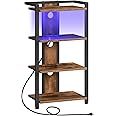 HOOBRO 4-Tier AV Media Stand, Media Console with Charging Station and LED Light, Wooden Stereo Cabinet, Corner TV Stand, Record Player, Entertainment Device Stand, Rustic Brown and Black BF38UDCJ01