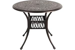 COBANA Patio Bistro Table, 35.4’’ Round Cast Aluminum Outdoor Dining Retro Side Table with 2’’ Umbrella Hole, Bronze