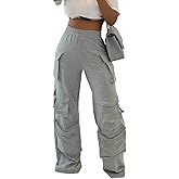 LETSVDO Women Wide Leg Cargo Sweatpats Baggy Elastic High Waisted Straight Leg Pants Casual Trouser Jogger with Pockets
