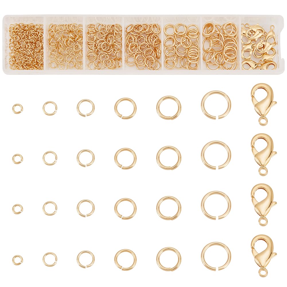 PH PandaHall 500pcs 24K Gold Plated Jump Rings for Jewellery Making, 6 Sizes Brass Open Jump Rings Connectors with 10pcs Lobster Clasp for DIY Necklace Bracelet Choker Jewellery Repair Crafts, 3mm-8mm