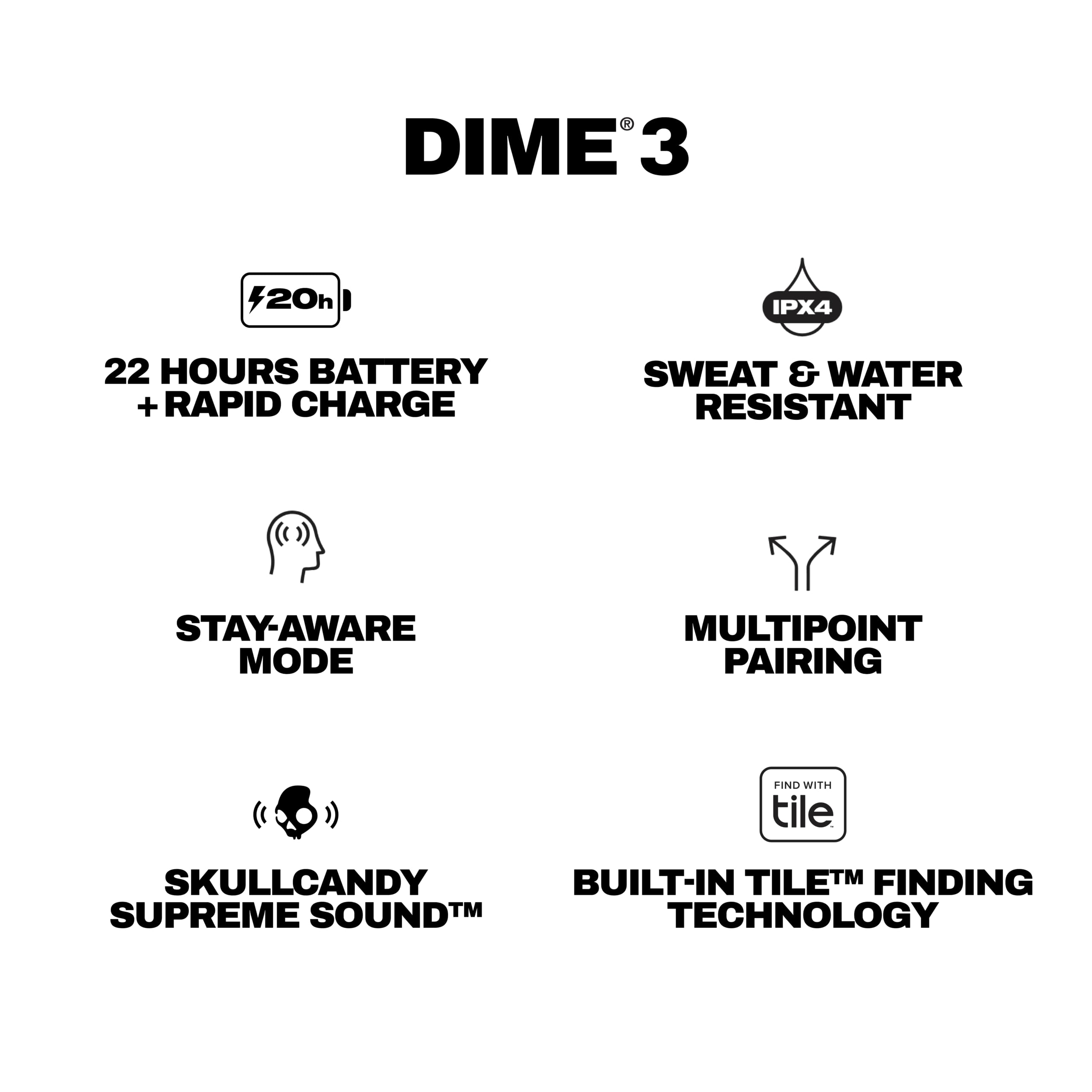 Skullcandy Dime 3 Wireless Earbuds, Bluetooth Headphones, Noise Isolating Fit, Up to 20 Hours Battery, Microphone for iPhone Android, Easy Carry with Integrated Lanyard - True Black