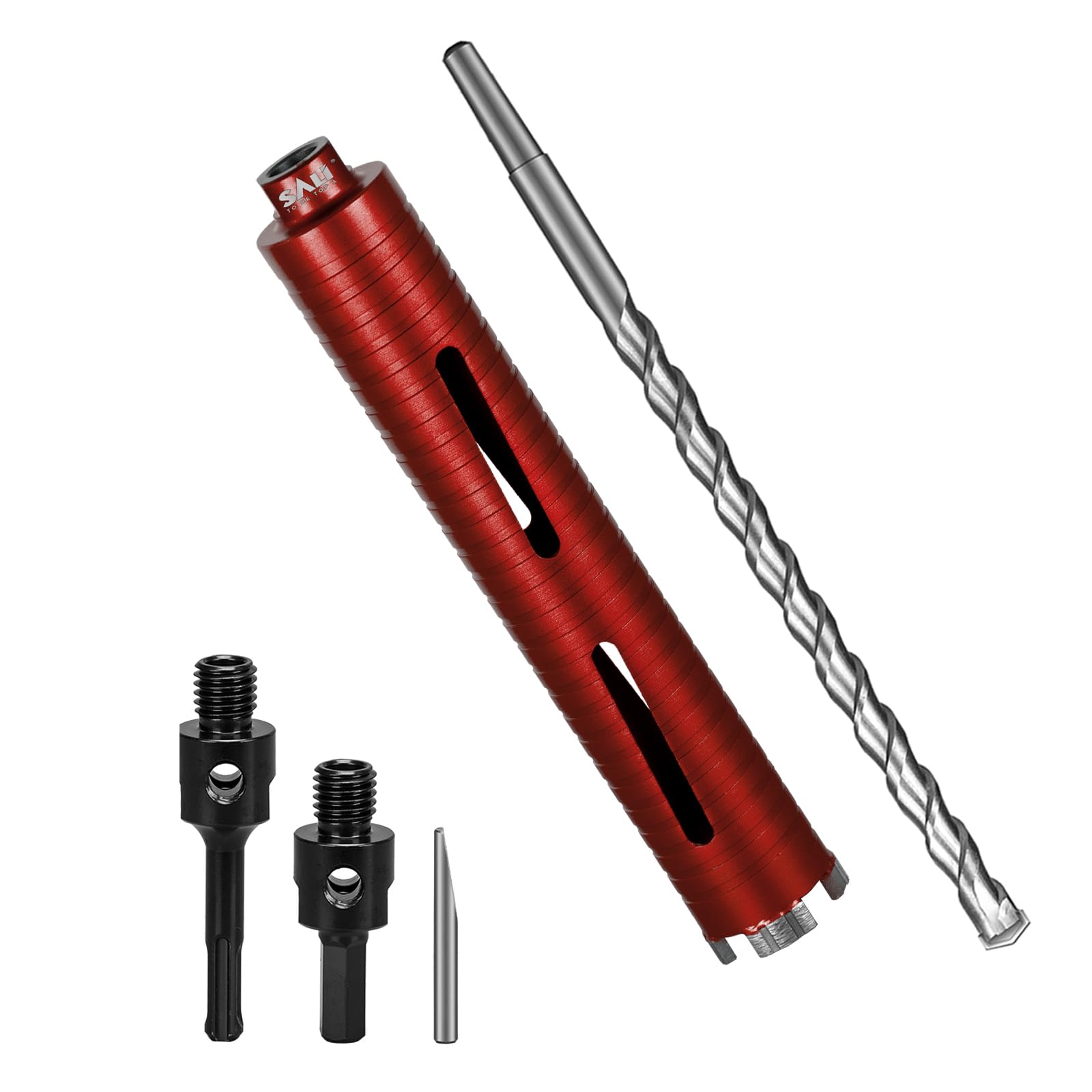Photo 1 of SALI Diamond Core Drill Bits 1 3/4" Diameter 10"/254mm Drilling Depth 5/8-11" Thread Core Bit Turbo Laser-Welded Segments for Cured Concrete with Brick Block Masonry with Two Adapters?Red?