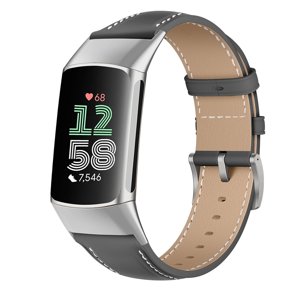 Niboow Compatible for Fitbit Charge 5/6 Leather Strap, Adjustable Watch Band with Stainless Steel Buckle, Soft Replacement Bracelet - Grey
