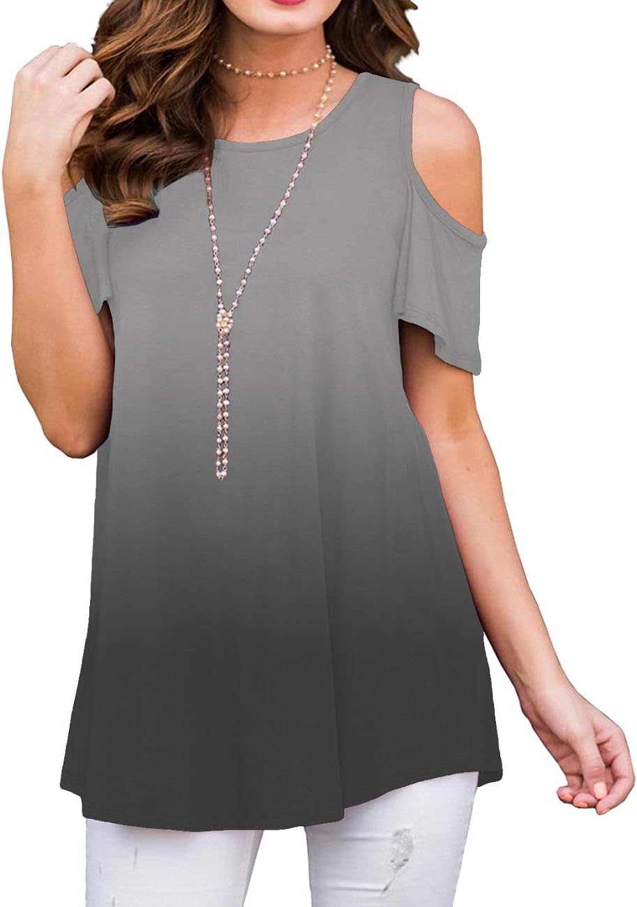 Women's Cold Shoulder Casual Short Sleeve Tunic Tops Loose Blouse Shirt S-2XL