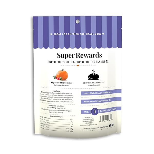 THREE DOG BAKERY SUPER REWARDS WITH SUPERFOODS PUMPKIN & CRANBERRY CRUMBLE TREATS – PUPPY TREATS, DOG CHEWS, TRAINING TREATS, TRAINING FOR DOGS & PUPPIES, RESEALABLE POUCH
