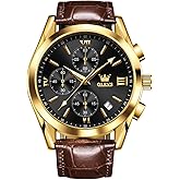 OLEVS Watch for Men Chronograph Brown Leather Gold Case Analog Quartz Fashion Business Dress Large Face Men Watch Day Date Luminous Waterproof Casual Male Wrist Watch Black/Blue/White Dial