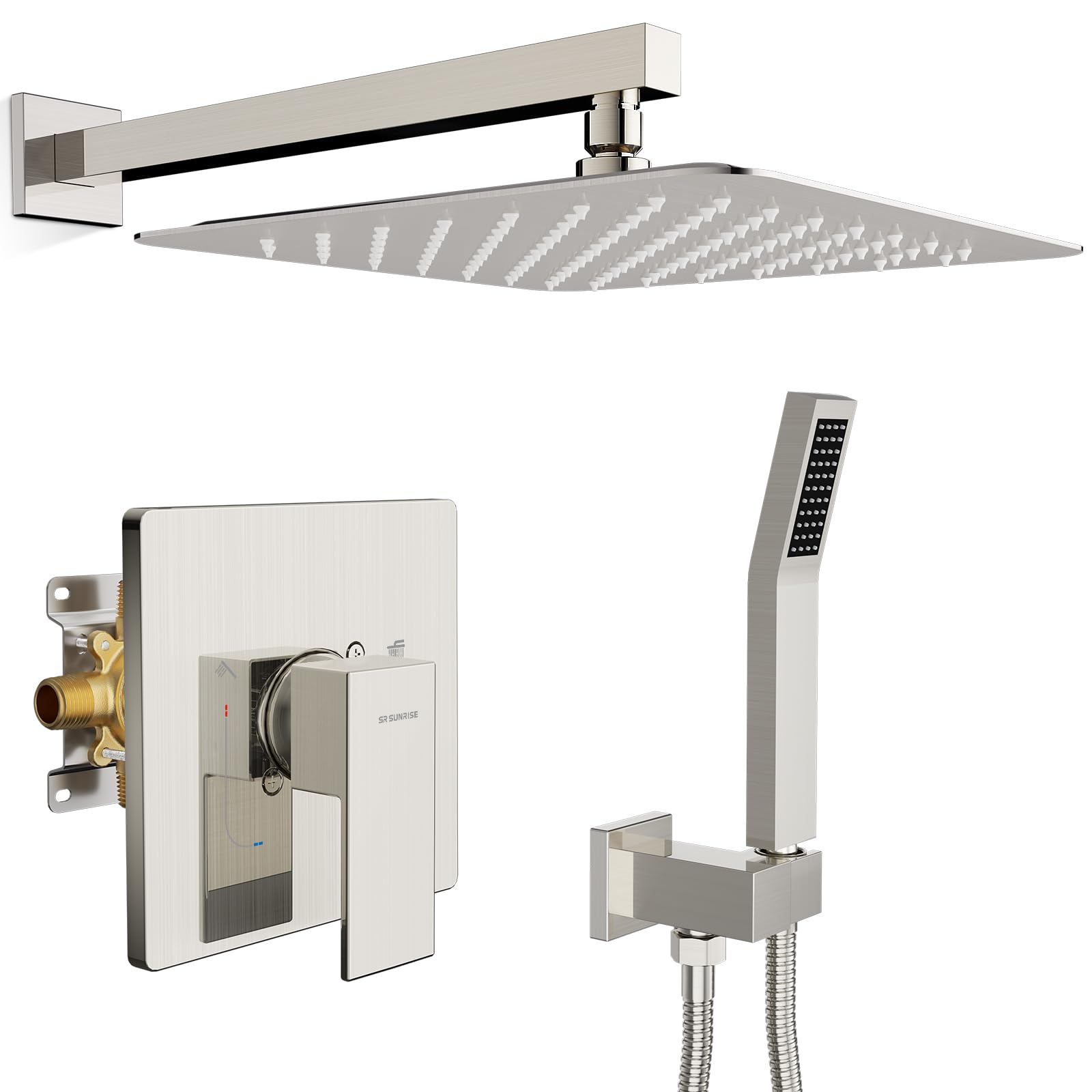 Photo 1 of SR SUN RISE Shower Faucet Set & System - 12 Inch Rainfall Shower Head & Handle Set Wall Mounted Brushed Nickel Solid Brass Valve Trim Kit Included