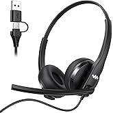 Necode USB Headset with Microphone for PC，Wired Computer Laptop Headset with Noise Cancelling Microphone, Work Headphones with Mic for Home Office Teams Zoom (USB-A&C)-Dark Gray