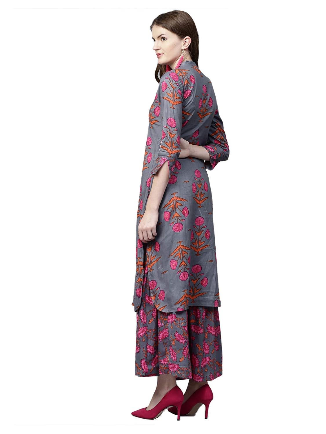 ishin women's cotton blue printed a-line kurta palazzo sets