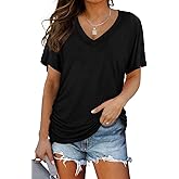 WIHOLL Womens Summer T-Shirts Short Sleeve V Neck Dolman Tops with Side Shirring Loose Fit Shirts Spring Fashion