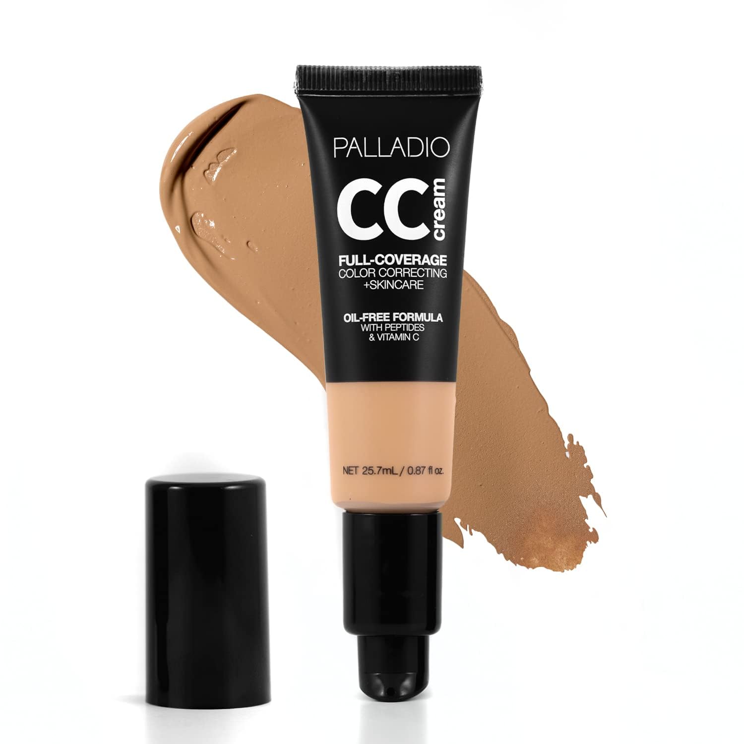 Palladio Full-Coverage Color Correction CC Cream, Oil-Free with Peptides & Vitamin C, Best for Correcting Redness and Uneven Skin Tone, Buildable Foundation Coverage (Tan 40W)
