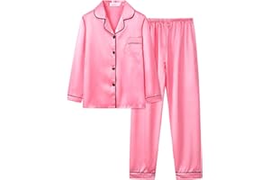 UNICABBIT21 Satin Pajamas for Big Girls Unisex Kids Silk Button Down Long Sleeve & Pants PJS 2PCS Size 8-16