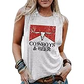 Cowboys & Beer Steer Skull Tank Tops Women Western Vintage Country Music Tanks Summer Vacation Sleeveless Shirts