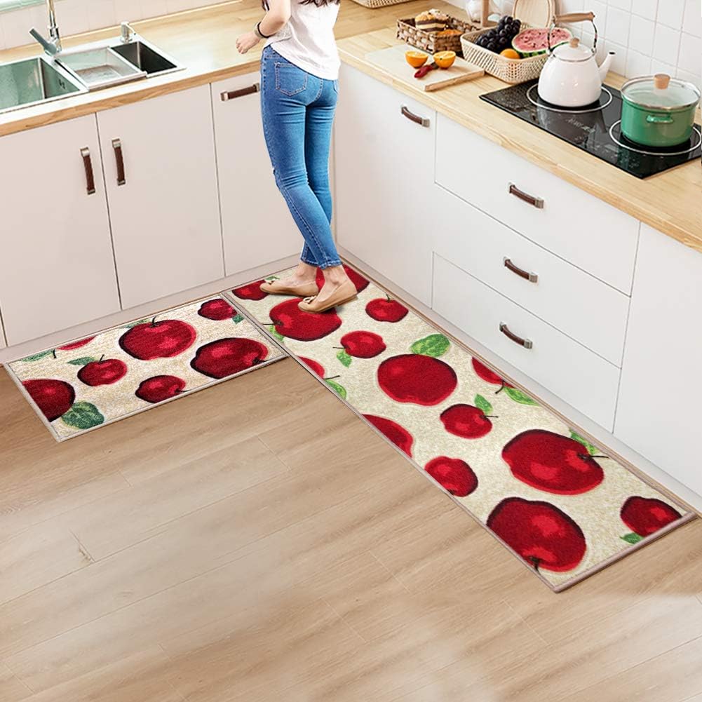 FAMIFIRST Kitchen Rug 2 Piece Printed Nylon Kitchen Mat Latex Backing Machine Washable, 16''x47''+16''x23'', Red Apple