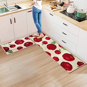 FAMIFIRST Kitchen Rug 2 Piece Printed Nylon Kitchen Mat Latex Backing Machine Washable, 16''x47''+16''x23'', Red Apple