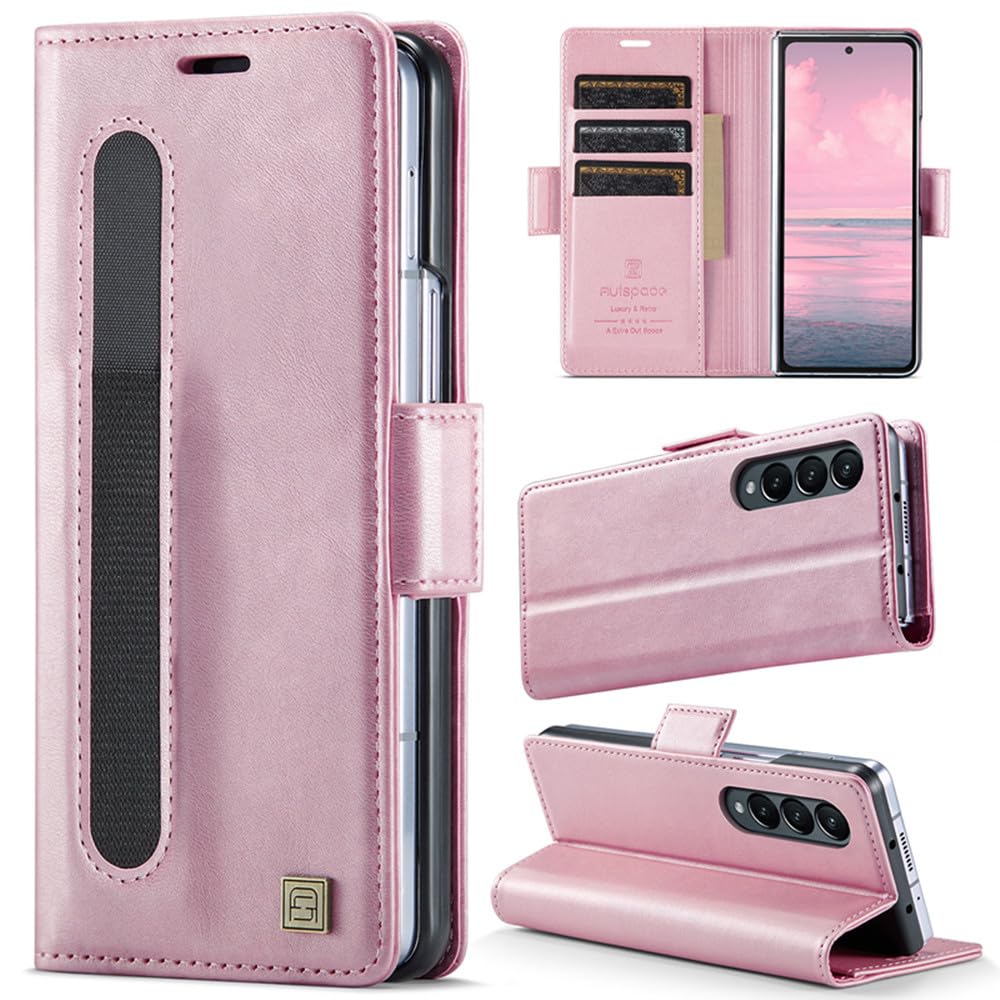 XKchatpt Wallet Case for Samsung Galaxy Z Fold 3,PU Leather Case with Pen Holder, [RFID Blocking][3 Card Holder] Shockproof Protective Cover for Samsung Galaxy Z Fold 3 (Rose Gold)