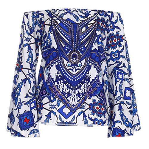 Hmlai Clearance Women Summer Fashion Off Shoulder Floral Printed Blouse Short Sleeve Casual Tops T-Shirt (S, Blue) - Thumbnail 5