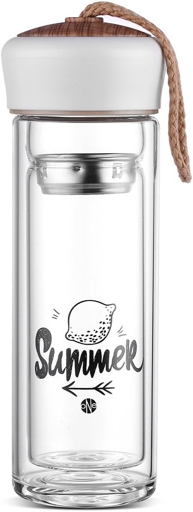 CENSUN Borosilicate Glass Water Bottle Tea Coffee Juice Cup with Strap Wooden Lid, SYTGYBL173