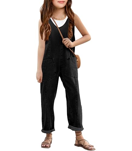 Kids Girls Jumpsuit Sleeveless Spaghetti Strap Overalls With Side Pockets V Neck Harem Pants Tween Girls Trendy Stuff 10 12