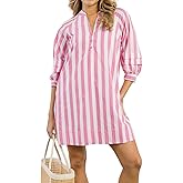 Womens Striped Mini Dress V Neck Casual Summer 3/4 Lantern Sleeves Loose Beach Tunic Shift Dresses