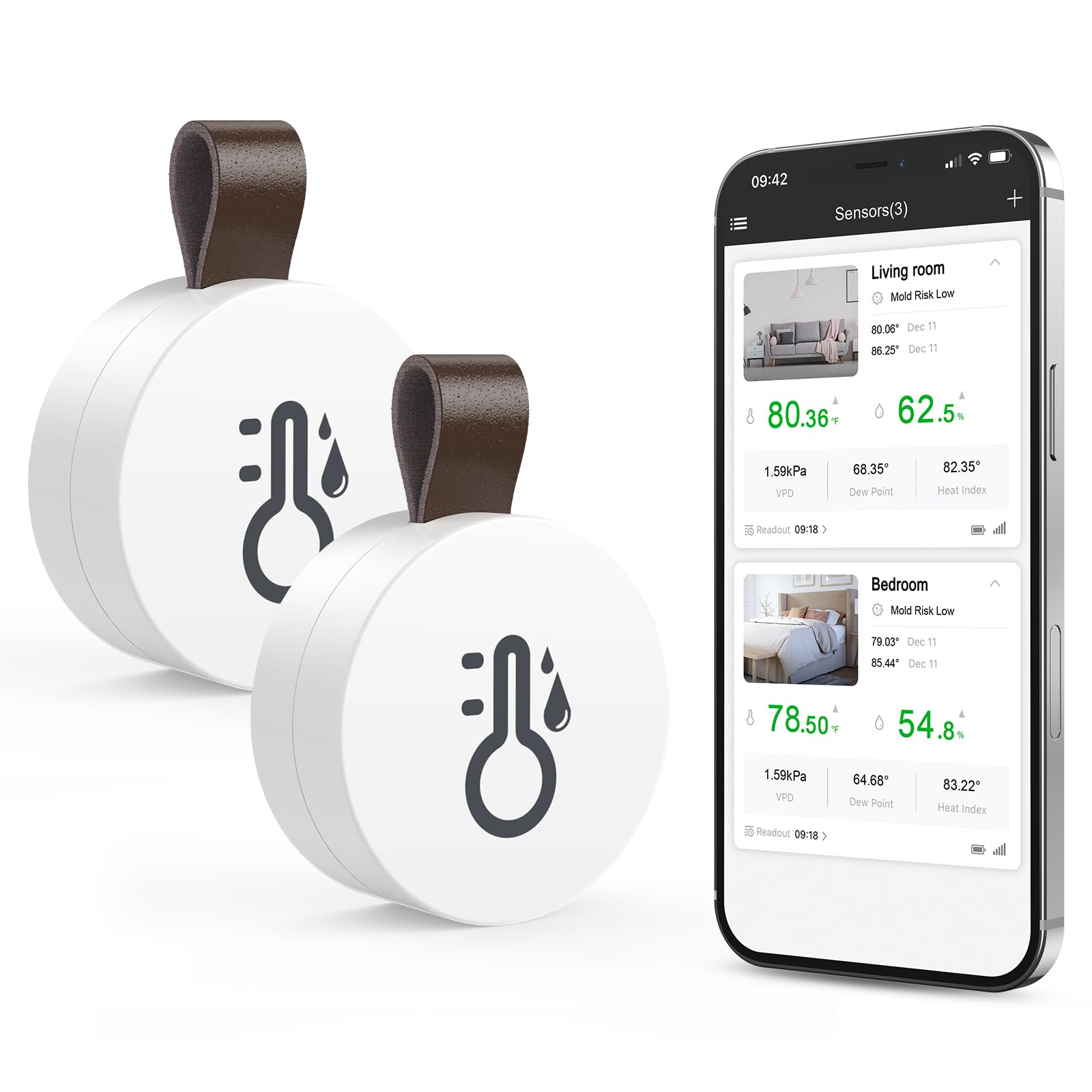 ORIA Wireless Thermometer Hygrometer, Mini Bluetooth Temperature Humidity Sensor with App Alert & Data Export for Home, Baby Room, Greenhouse, Wine Cellar (2 PCS)