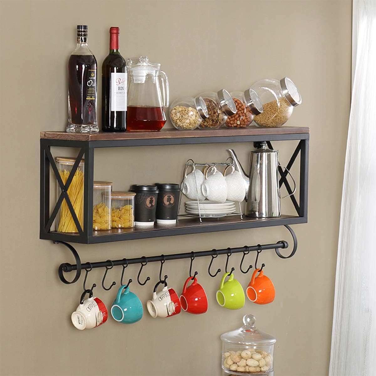 FURVOKIA Rustic Wood with Metal Bracket Wall Shelf, Living Room or Bedroom or Kitchen Multi Use Wall Mount Shelves,Storage Rack, Upside Down Mug Coffee Cup Holder,Bar Club Party Decoration Shelf