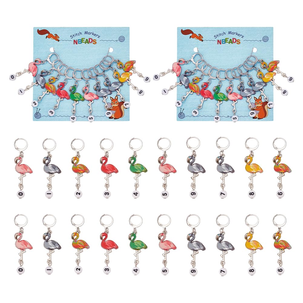 NBEADS 20 Pcs Flamingo Stitch Markers, Number Beads Alloy Crochet Marker Charms Removable 304 Stainless Steel Clasps Locking Stitch Marker for Knitting Weaving Sewing Jewelry Making