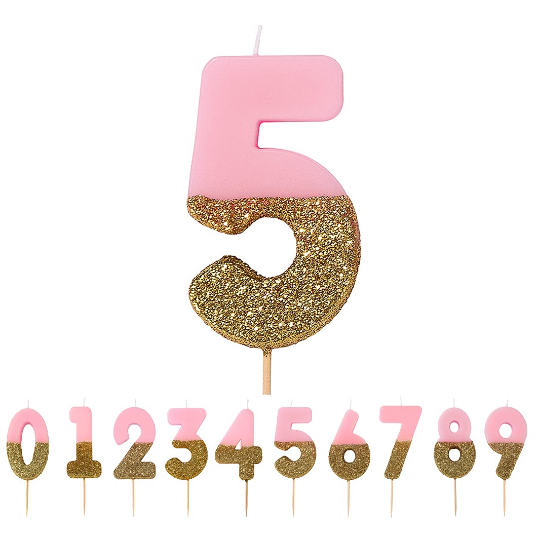Talking Tables Bday Pink Number 5 Five Candle with Gold Glitter | Premium Quality Cake Topper Decoration | Pretty, Sparkly for Kids, Adults, 50th Birthday Party, Anniversary, Milestone Age, Wax