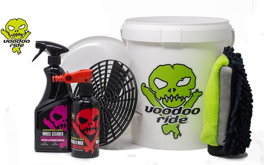 Voodoo Ride Exterior Starter Set with Bucket Glossy Black Auto Exterior Cleaning Kit Wheel Cleaner Degreaser Car Shampoo Wash Mitt