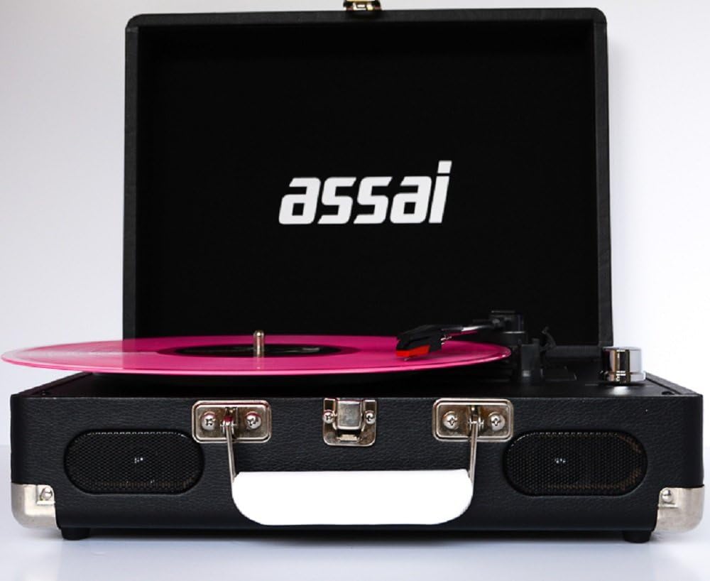 Assai Briefcase Style Turnable - Portable Three Speed Vinyl Record Player with Built-In Stereo Speakers in Black Colour