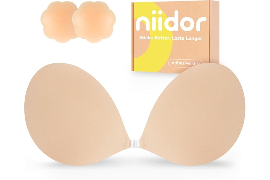 Niidor Adhesive Bra Strapless Ultra Sticky Invisible Push up Silicone Bra Multiple Colors Sizes Reusable for Backless Dress
