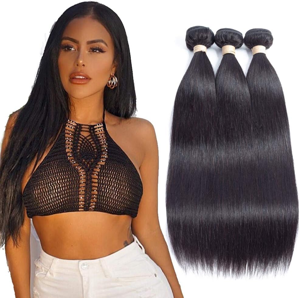 ALLRUN Brazilian Straight Human Hair 3 Bundles Unprocessed Virgin Hair 3 Bundles Straight Human Hair Extensions Natural Black(16 18 20inch)