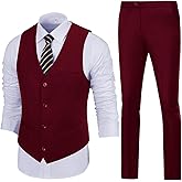 Mens Slim Fit 2 Piece Suit Set V-Neck Solid Dress Suit Vest Pants Wedding Prom Tuxedo for Men