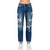 WAX JEAN Women's Boyfriend Jeans with Destructed Blown Knee and Rolled Cuff