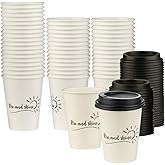 Smygoods Disposable Coffee Cups with Lids, To Go Paper Hot Cups, Rise and Shine Design (12 OZ, 50 Count) For Hot Beverages, Coffee, Tea, Espresso, Cocoa - Vasos Para Cafe