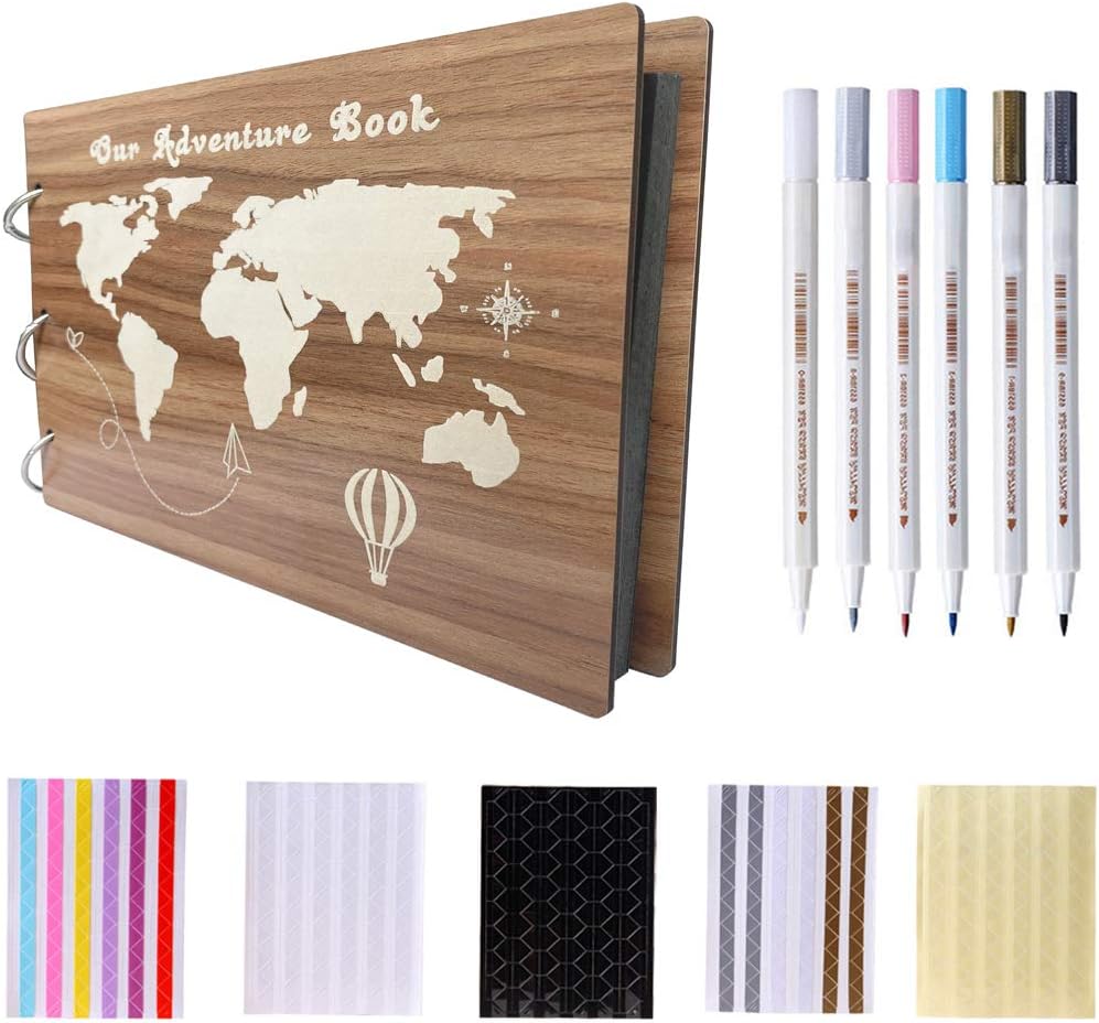 Yeelan Wooden Our Adventure Book Photos Album DIY Picture Albums Scrapbook Photograph Cover for Gift Wedding Birthday Festival Present (10IN,30 Sheets/60Pages)