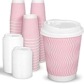 JarThenaAMCS 100Pcs Light Pink Disposable Coffee Cups with Lids Pink Paper Cup Corrugated Ripple Wall Insulated Hot Cups for Home Office Party Supplies, 12Oz