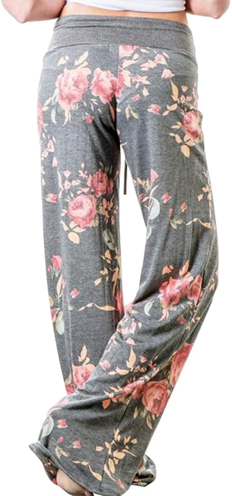 AMiERY Women's Comfy Casual Pajama Pants Floral Print Drawstring Palazzo Lounge Pants Wide Leg at  Women’s Clothing store