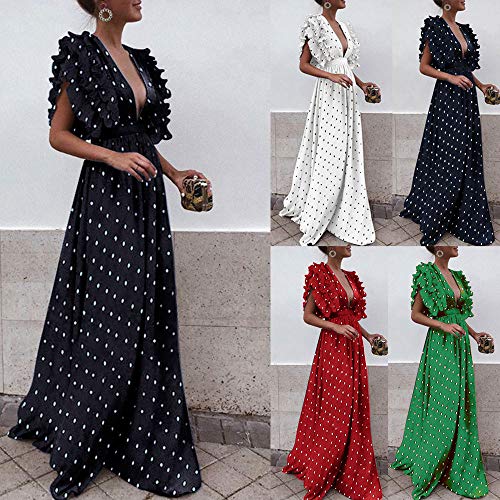 Mysky Women Vintage Dot Print Ruffle Fly Sleeve Prom Dress Ladies Sxey Back Hollow V-Neck Long Party Dress - Thumbnail 2
