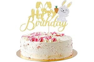 AROKIPPRY Happy Birthday Easter Cake Topper- Easter Bunny Theme Party、 Baby Shower、Kids Happy Birthday、Rabbit Cake Pick Bunny Ear Cake Decorations (gold)