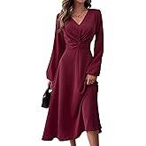 LalaLin Long Sleeve Wedding Guest Dress for Women V-Neck Cocktail Church Maxi Dresses Burgundy