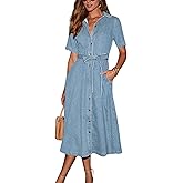 chouyatou Women Summer Belted Button Down Denim Shirt Dress Business Casual Short Sleeve Jean Shirt Dress