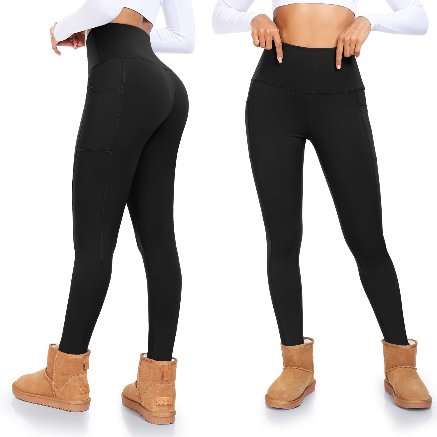 ACTINPUT Thermo Leggings Damen Gefütterte Thermoleggins High Waist Thermohose Winter Warme Sportleggins Strumpfhosen Yogahose Laufhose Sporthose mit Taschen(Schwarz,L-XL)