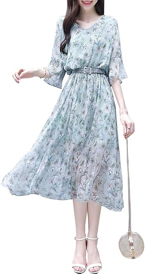 Amazon ワンピース レディース春夏 花柄フレア ロング丈の上品 半袖 シフォン フワンピース ベルト付き オシャレ 可愛い 裹地付き 着痩せ リゾートワンピース およばれ お出かけ お食事会 海会 ワンピース チュニック 通販