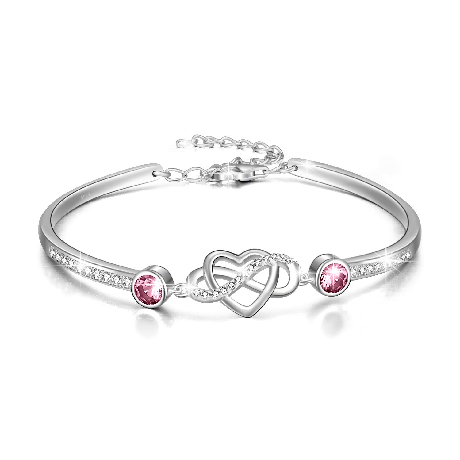 AOBOCO Infinity Bracelet Sterling Silver Love Heart Adjustable Bangle Bracelet with Birthstone Crystals, Friendship Wedding Anniversary Birthday Gifts for Her Women Wife Girlfriend Mum (Pink)