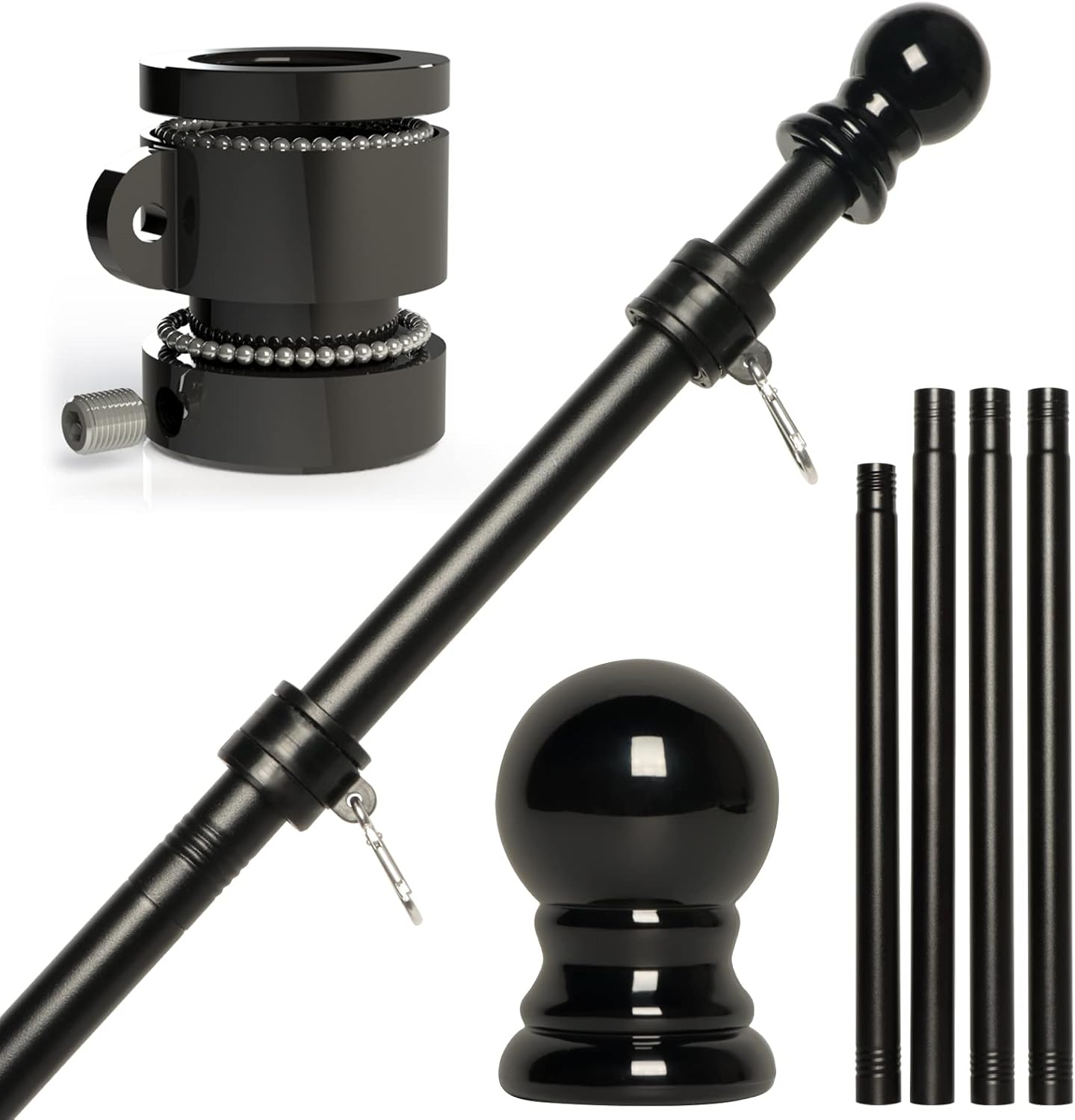 Flagpole Hardware - NELXINJO 5 FT Flagpole for House, Residential and Commercial Flag Pole kit with 2 No-Tangle Ball Bearing Rings. (Flagpole Without Bracket)